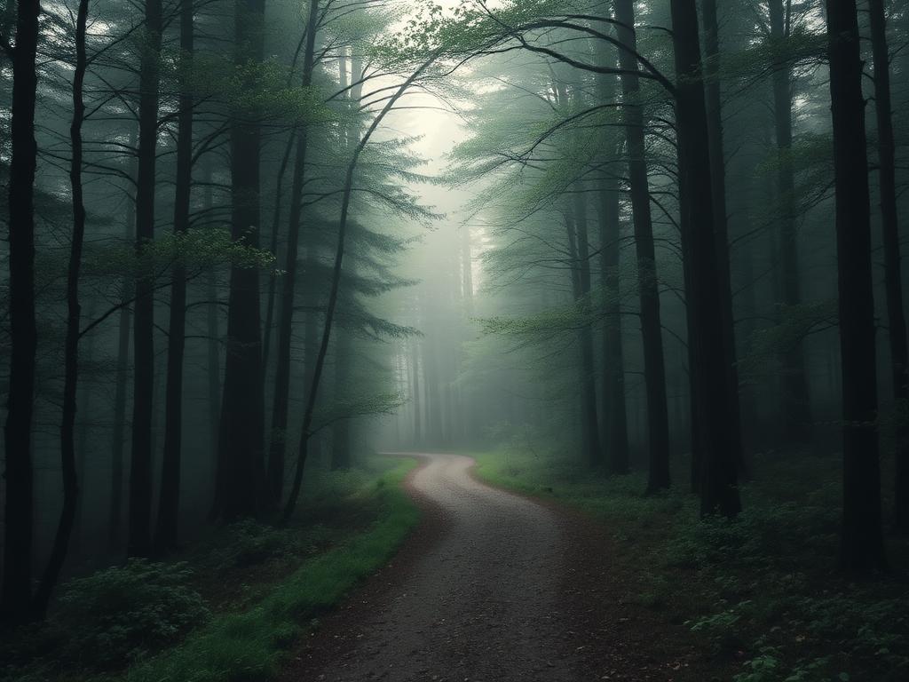 A quiet path through a misty forest