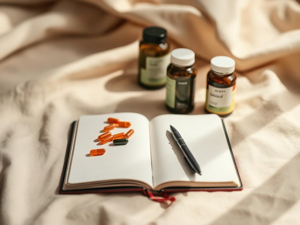 Supplement bottles beside an open notebook